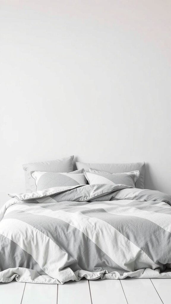 Modern bed with gray geometric patterned bedding