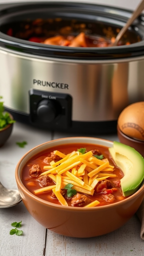 A bowl of beef taco soup topped with shredded cheese and avocado slices, with a crockpot in the background.