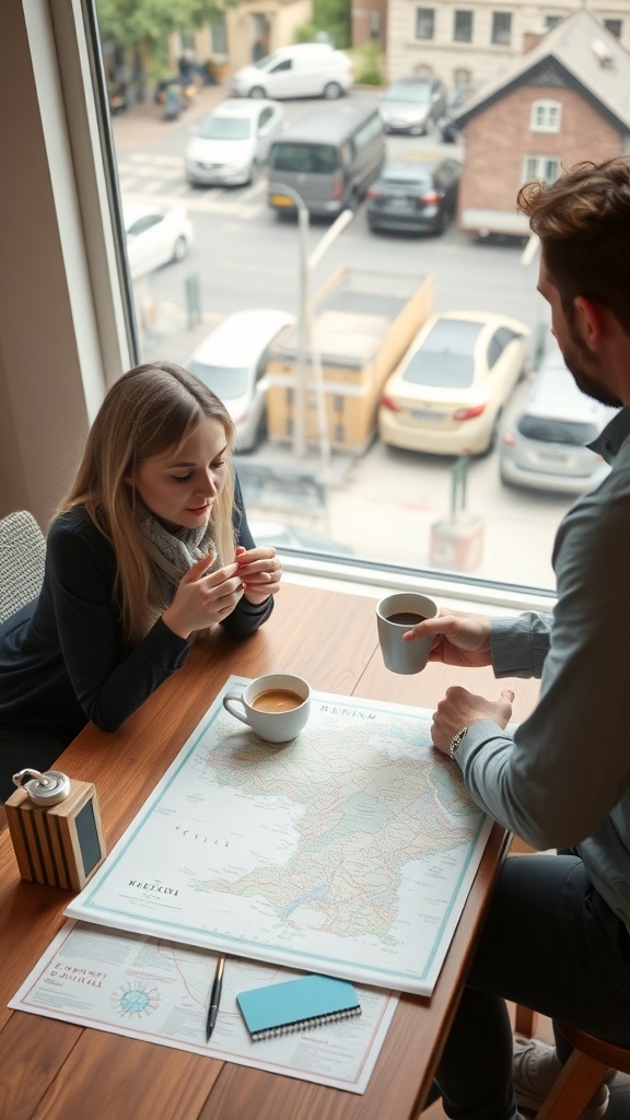 A couple discussing future plans over coffee with a map on the table.
