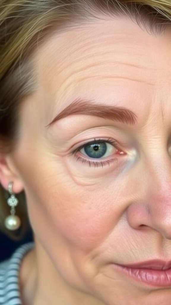 Close-up of a woman's face showcasing natural brows and subtle makeup.