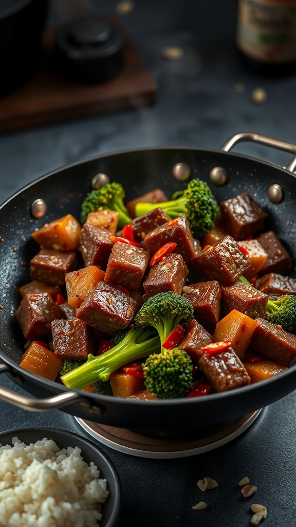 A vibrant beef and broccoli stir-fry in a pan, featuring tender beef, fresh broccoli, and red bell pepper, served with rice.