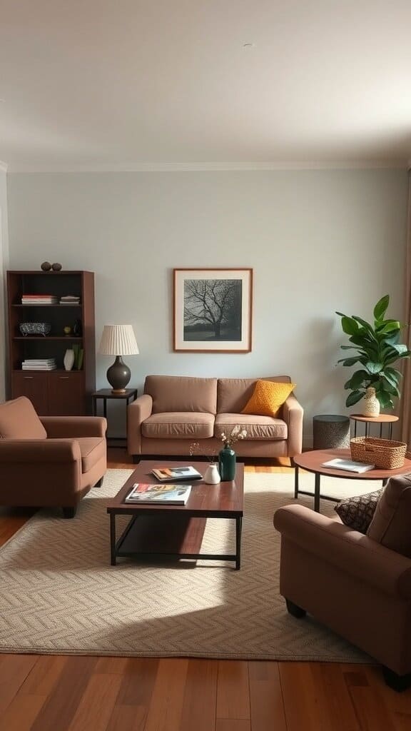 A cozy living room featuring matching brown sofas and chairs, with a coffee table and decor items.