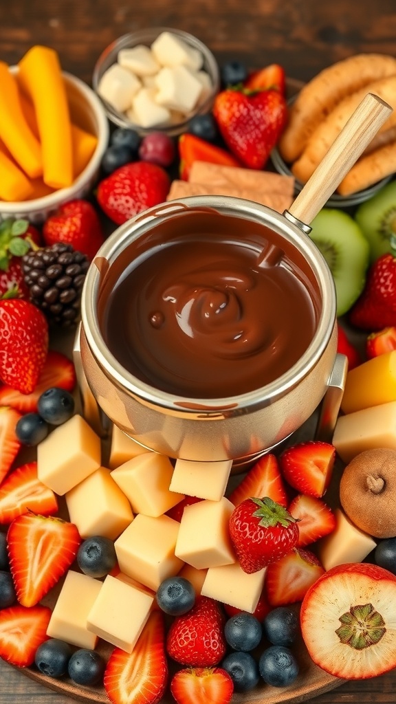 A pot of melted chocolate surrounded by fresh fruits, cheese cubes, and cookies for dipping.