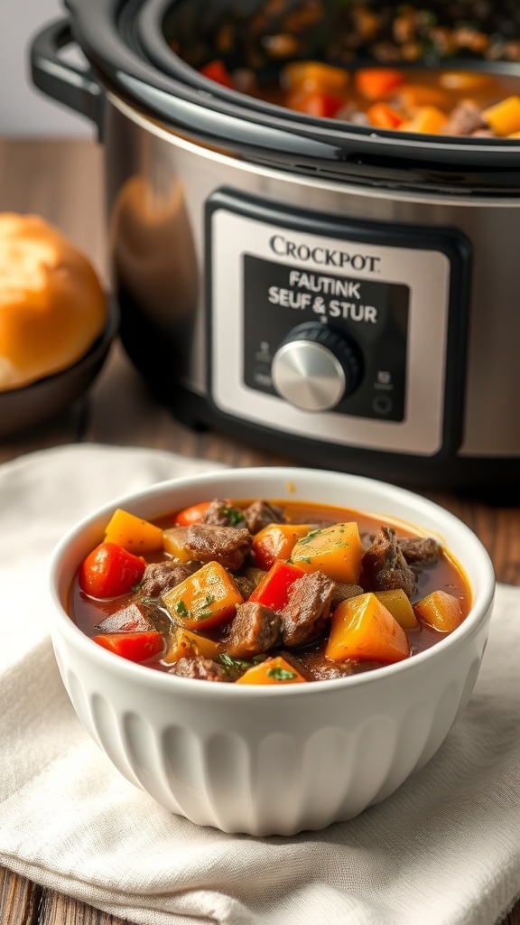 A bowl of beef and vegetable stew with colorful ingredients, served with a side of bread.
