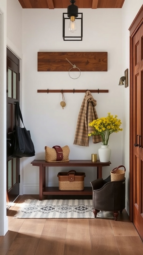 A bright entryway with a welcoming message on the wall, a bench, and some shoes on the floor.