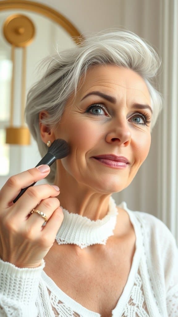 A woman with silver hair applying makeup with a brush in front of a mirror.