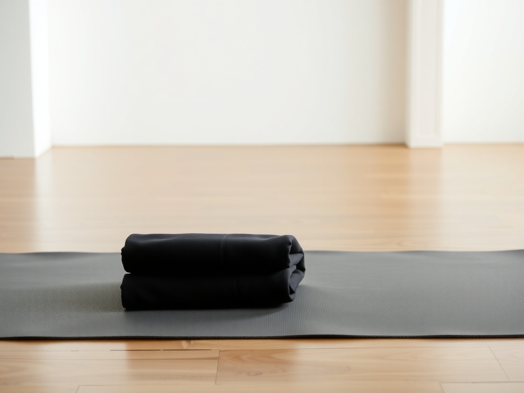 Folded black leggings on a yoga mat in a bright room