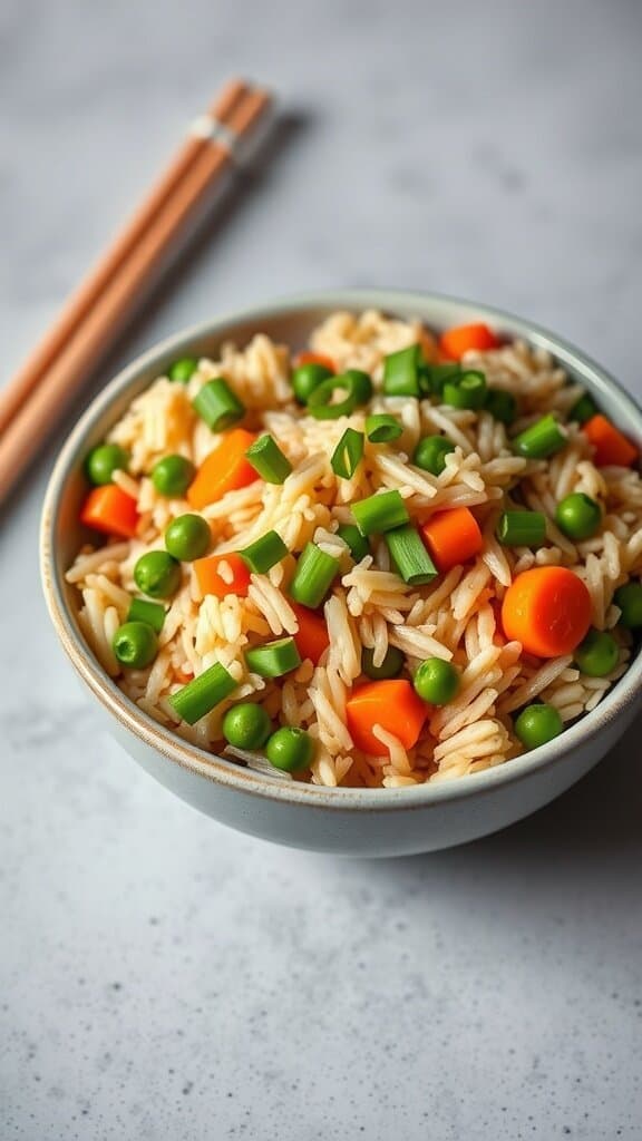 A bowl of egg fried rice with vegetables and green onions, served with chopsticks.