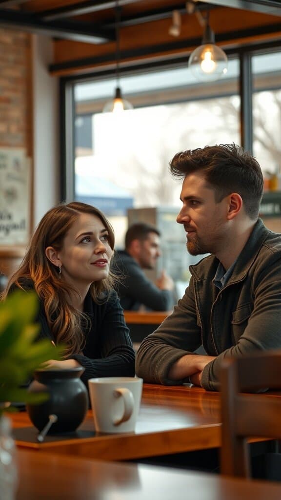 A man and woman engaged in a deep conversation at a café, showcasing active listening.