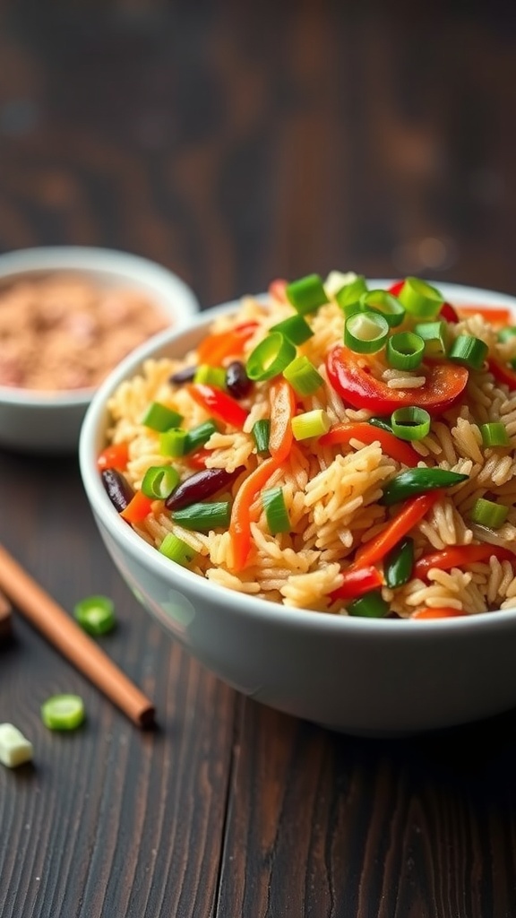A bowl of colorful vegetable fried rice with green onions on top