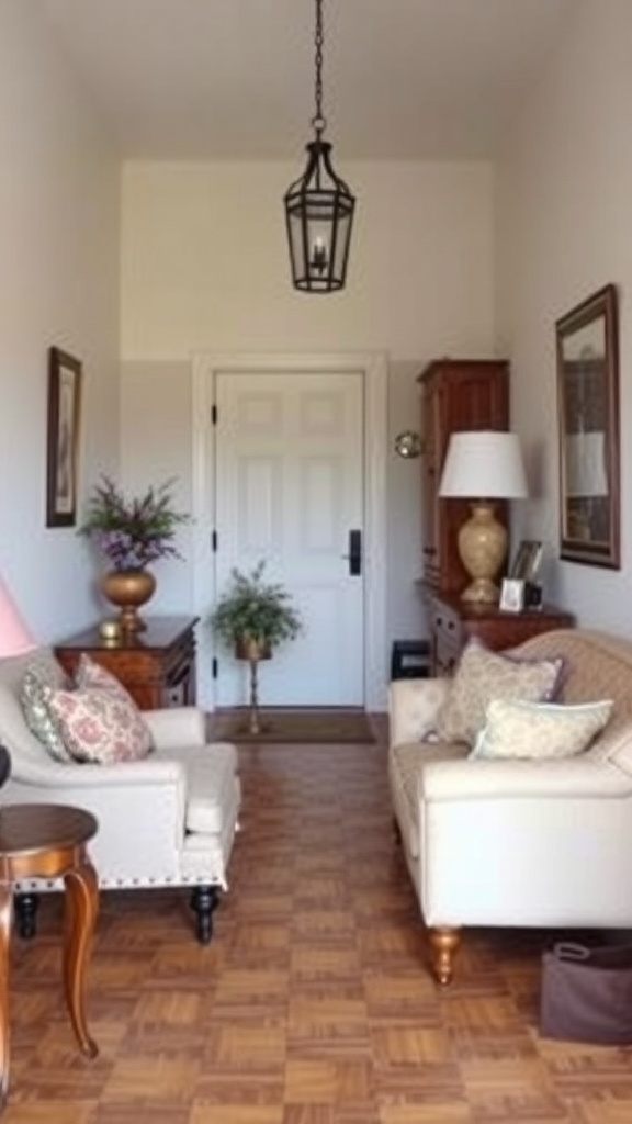 An entryway with inconsistent furniture styles and decor.