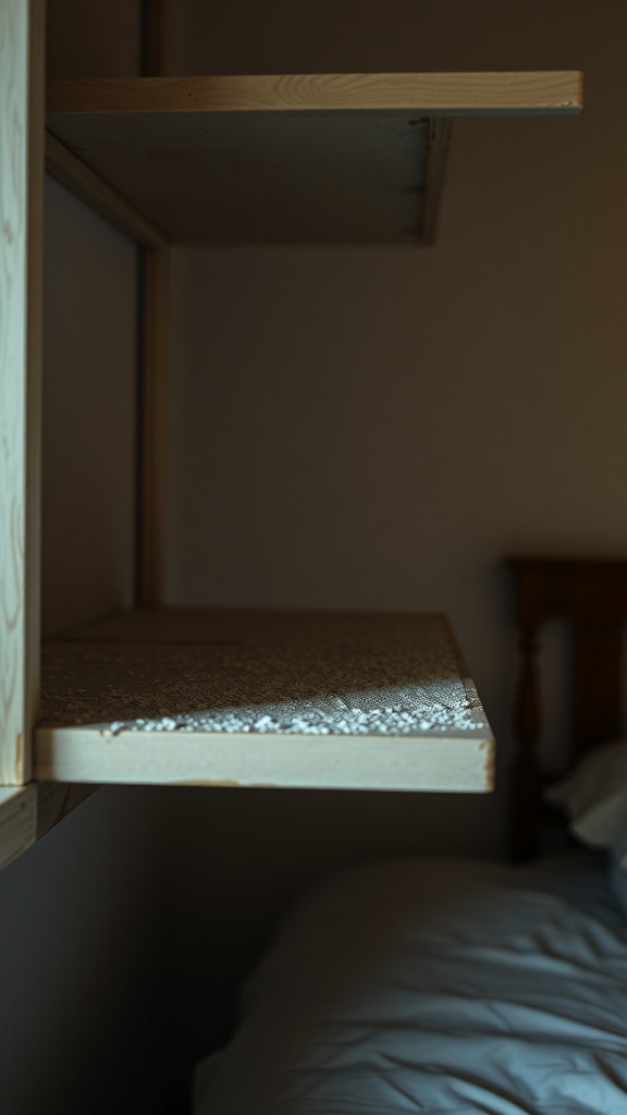 Dust accumulation on a wooden shelf in a bedroom