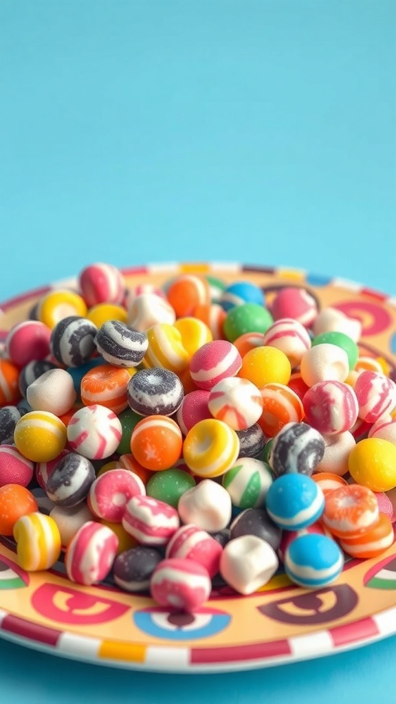 A colorful assortment of Licorice Allsorts candies on a plate.