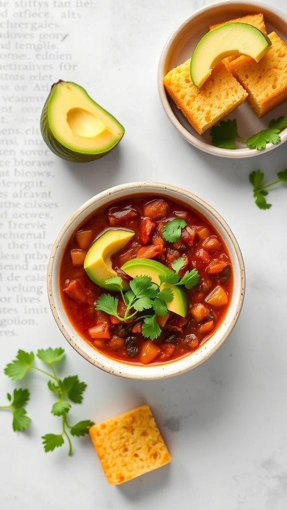 A bowl of vegetarian chili with black beans, topped with avocado and cilantro, served with cornbread.