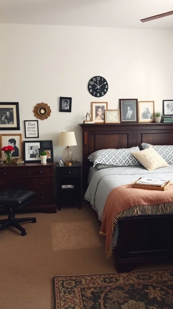 A cozy bedroom with a bed, framed photos on the wall, a rug, and a bedside lamp.