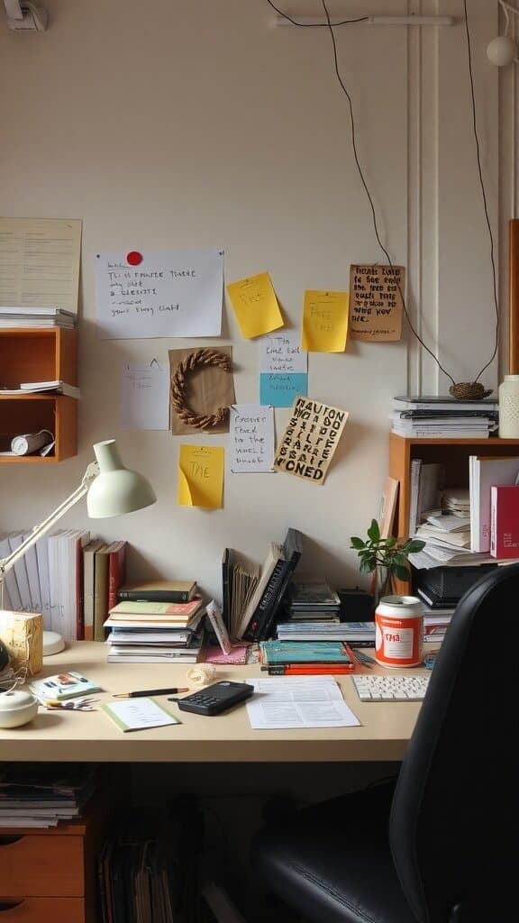 A cluttered workspace with books, notes, and a lamp, showcasing a mix of creativity and functionality.