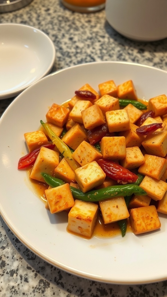 A colorful tofu stir-fry with cubes of tofu, green snap peas, and red bell peppers on a white plate.