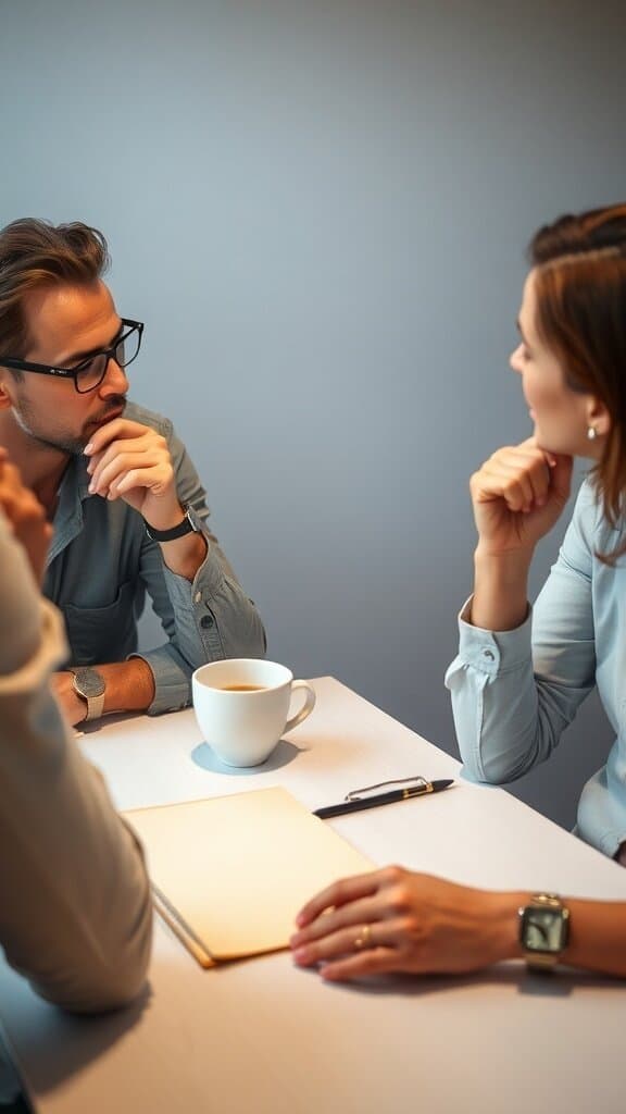 Two people engaged in a thoughtful conversation at a table, with a cup of coffee and a notebook present.