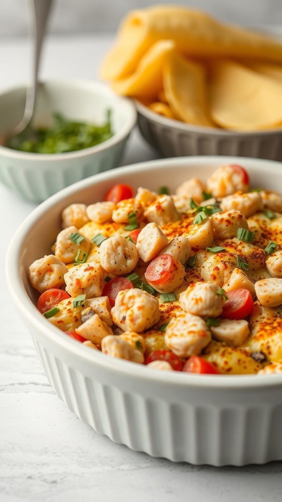 A bubbling tuna casserole topped with tomatoes and herbs, served in a white dish.