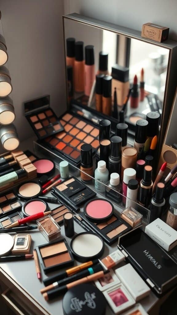 A variety of makeup products displayed on a vanity, including foundations, lipsticks, and eyeshadows.
