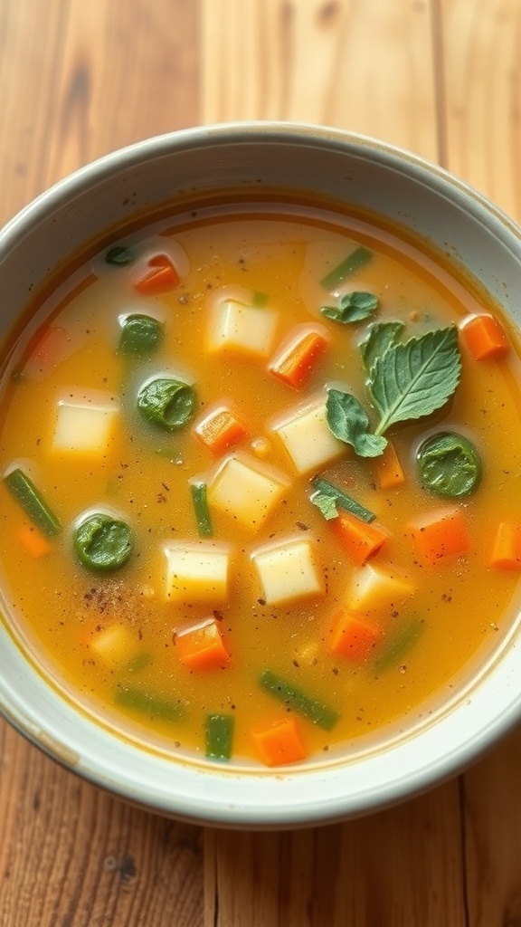 A bowl of plain vegetable soup with colorful vegetables in a clear broth.