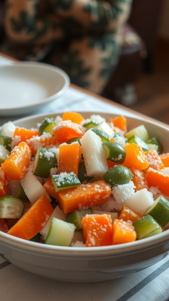 A bowl of colorful frozen mixed vegetables on a dining table.