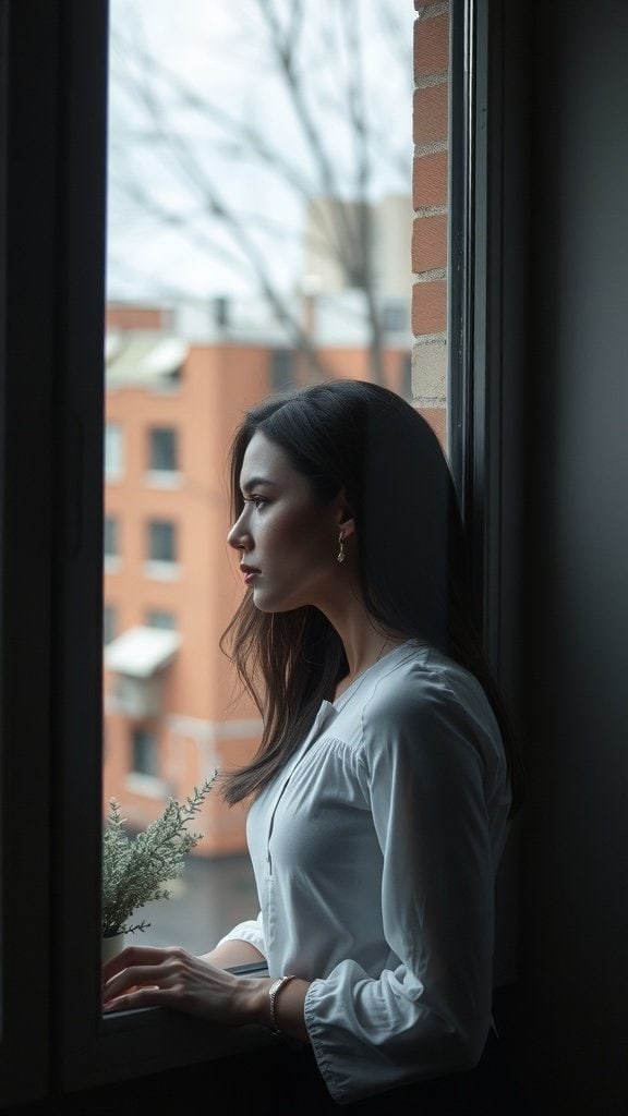 A woman looking out of a window, lost in thought, with a plant in her hand.