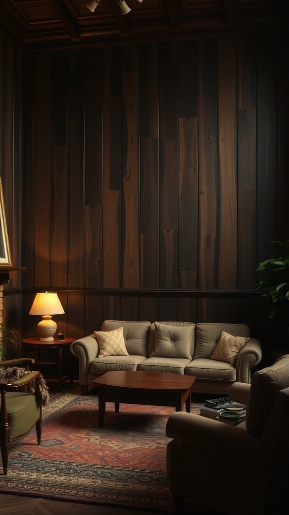 A cozy living room featuring dark wood paneling, a comfortable sofa, and a warm lamp.
