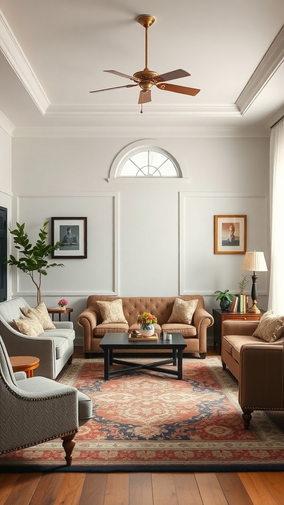 A formal living room with elegant furniture, including a tufted couch and decorative accents.