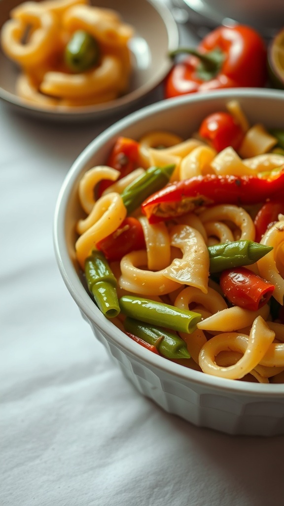 A colorful pasta salad with unripe bell peppers, green beans, and cherry tomatoes in a bowl.