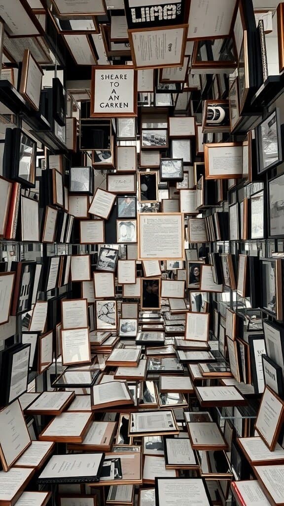 A room filled with mirrors and framed pictures, creating a chaotic visual effect.