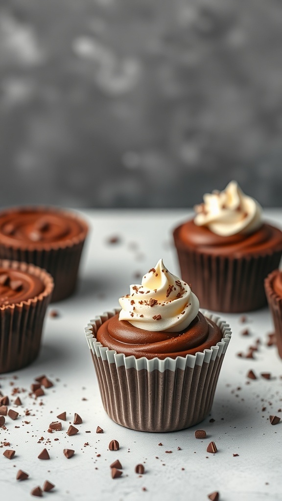 Chocolate mousse in chocolate cups topped with whipped cream and chocolate shavings