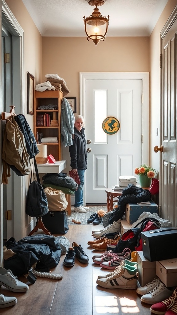 A cluttered entryway with shoes and clothes scattered on the floor, and a woman sitting in the hallway looking overwhelmed.