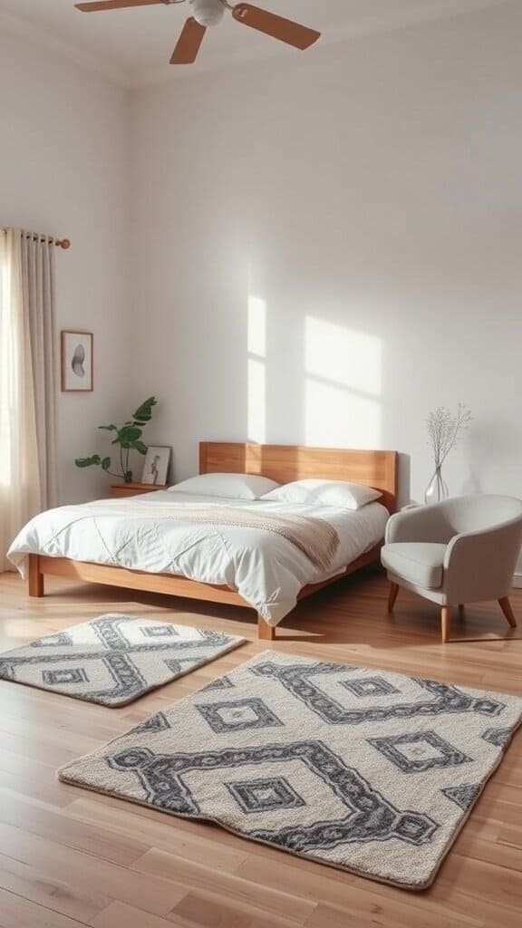 A cozy bedroom featuring a wooden bed, soft bedding, and non-slip area rugs on a wooden floor.