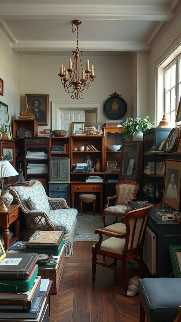 A cozy room filled with vintage furniture, showcasing a mix of styles and a cluttered arrangement.