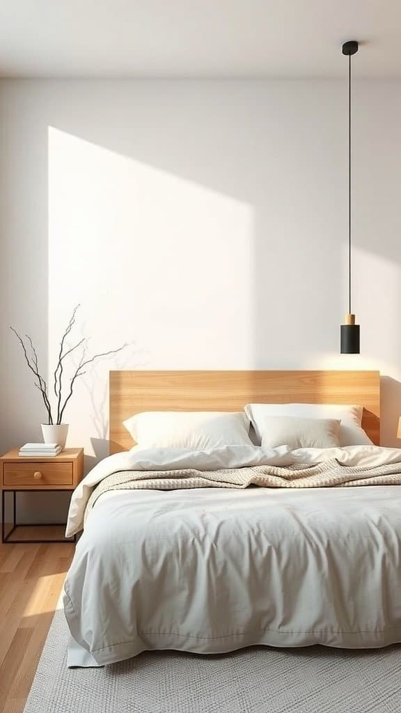 A minimalist Scandinavian bedroom featuring a light wood headboard, soft bedding, and a pendant light.