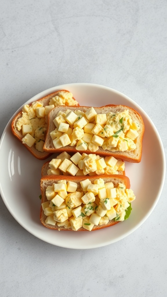 A plate of egg salad sandwiches with diced eggs and herbs on bread.