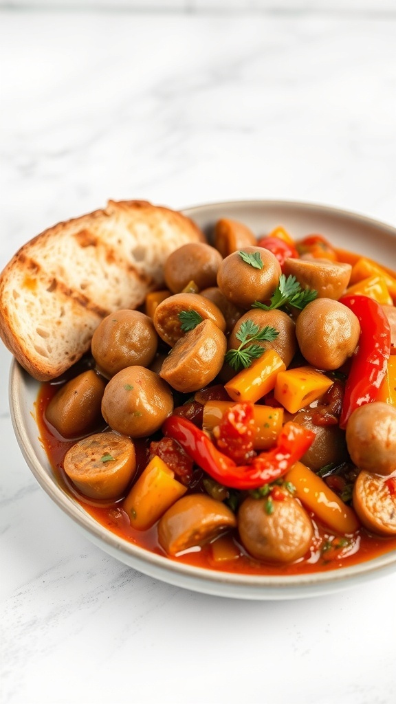 A plate of sausage and peppers with toasted bread on the side.
