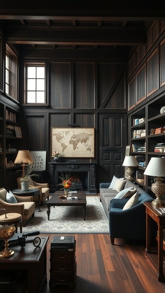 A cozy living room with heavy dark wood furniture and walls, featuring a fireplace and bookshelves.