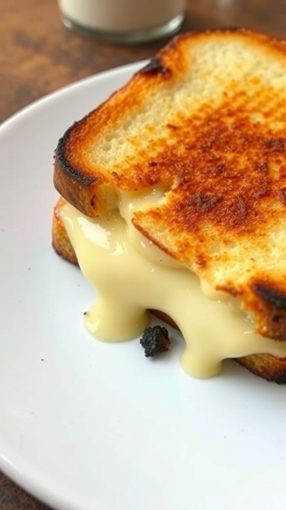 A burnt grilled cheese sandwich with melted cheese oozing out