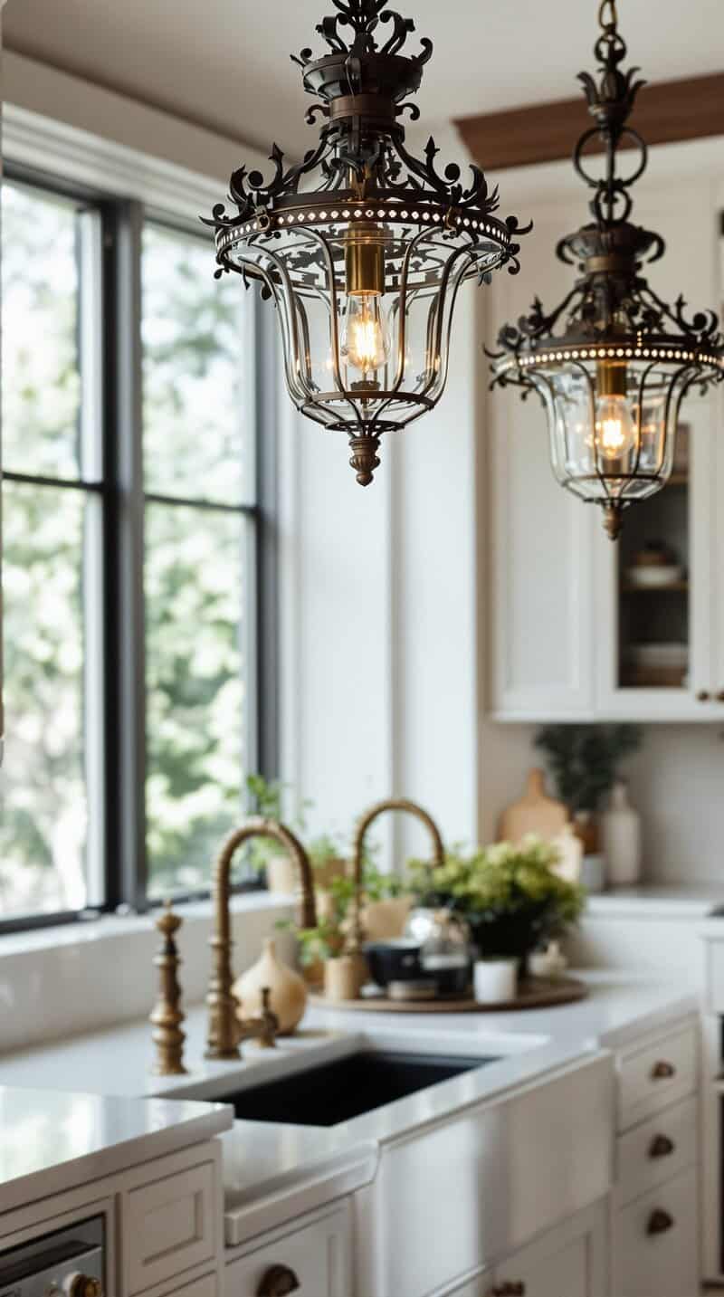 A kitchen featuring heavy ornate light fixtures above a countertop, showcasing a blend of traditional and modern elements.