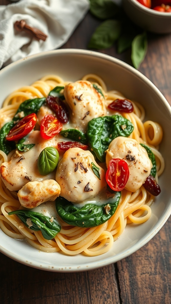 A bowl of creamy Tuscan chicken with spinach and sun-dried tomatoes over pasta.
