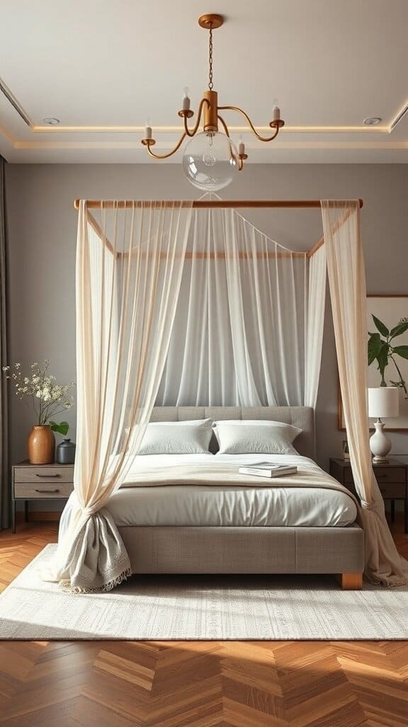 A modern canopy bed with light drapes and neutral bedding in a stylish bedroom setting.