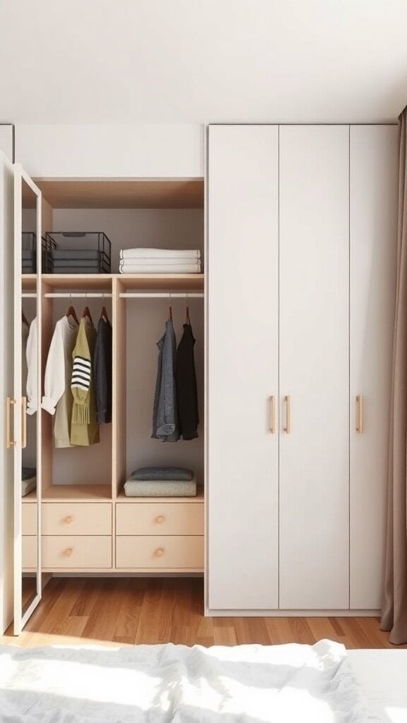 Open concept wardrobe with shelving and drawers in a bedroom