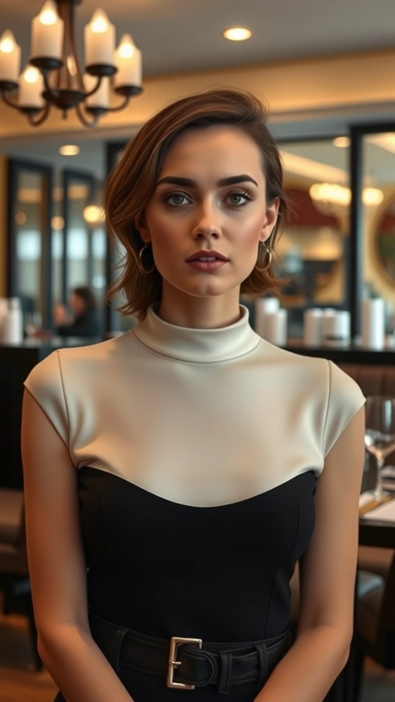 A woman wearing a mock neckline top with a sophisticated look, set in a stylish restaurant.