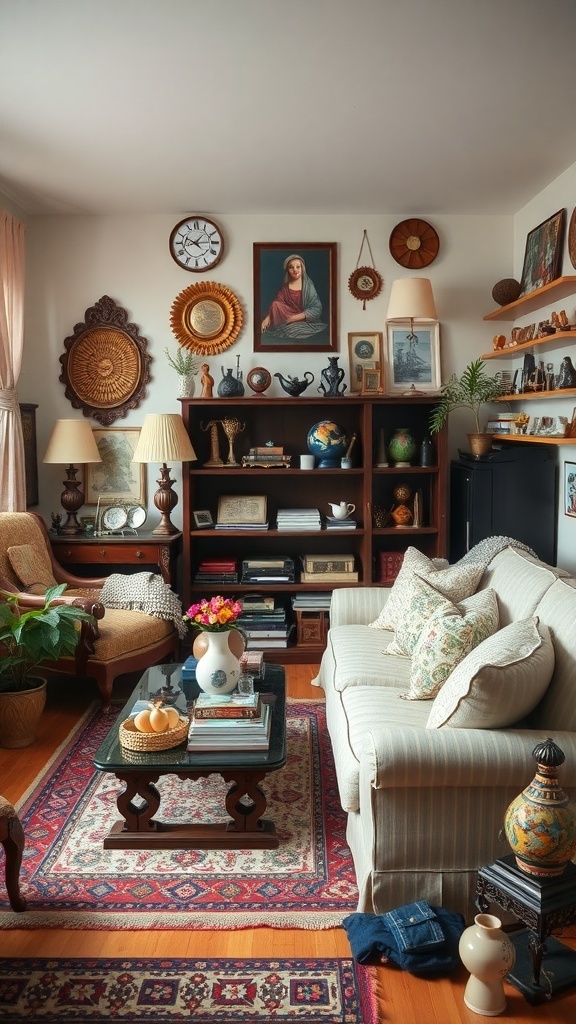 A cozy living room filled with various decorative items, including clocks, paintings, and globes.