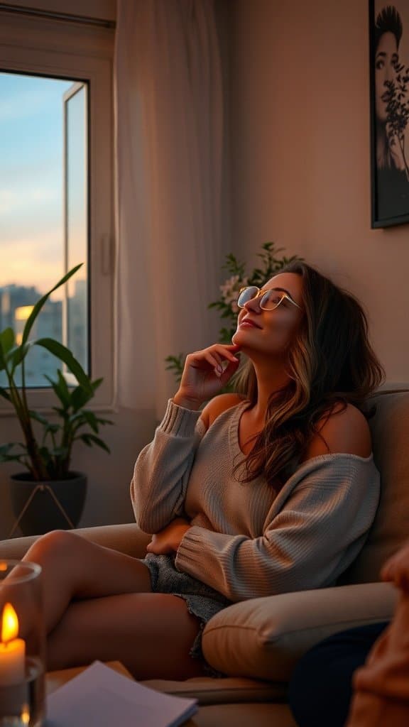 A woman sitting comfortably at home, enjoying a drink and light breakfast, reflecting a balanced lifestyle.