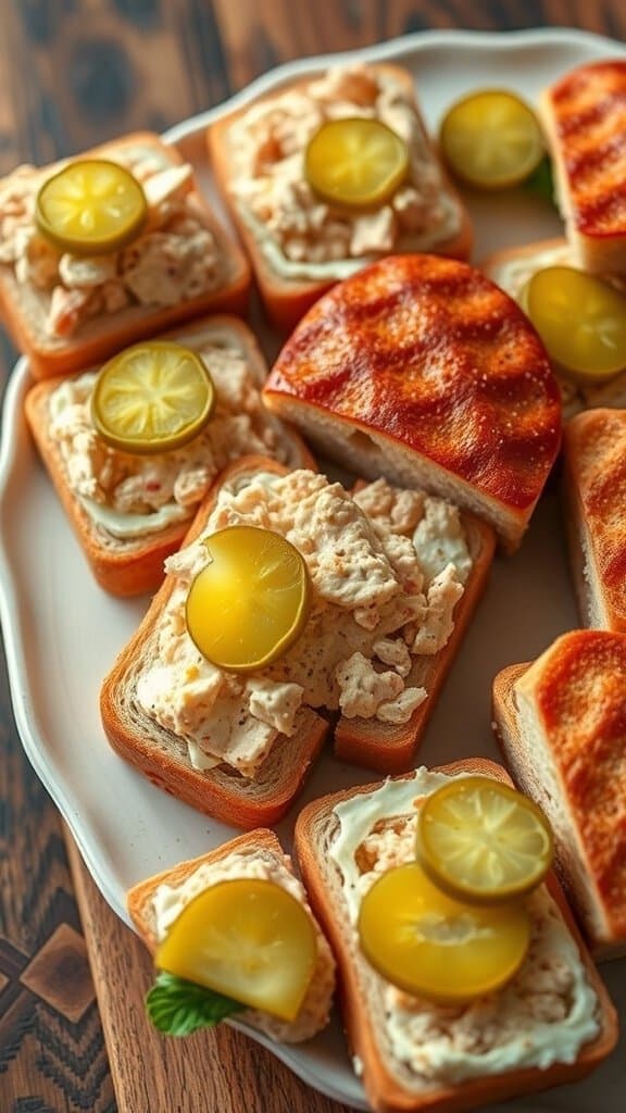 A platter of tiny sandwiches with unusual fillings, topped with pickles.