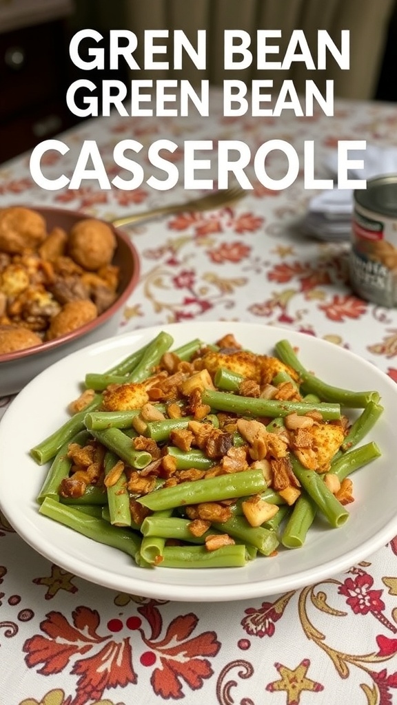 A plate of green bean casserole with crispy fried onions on top, served on a floral tablecloth.