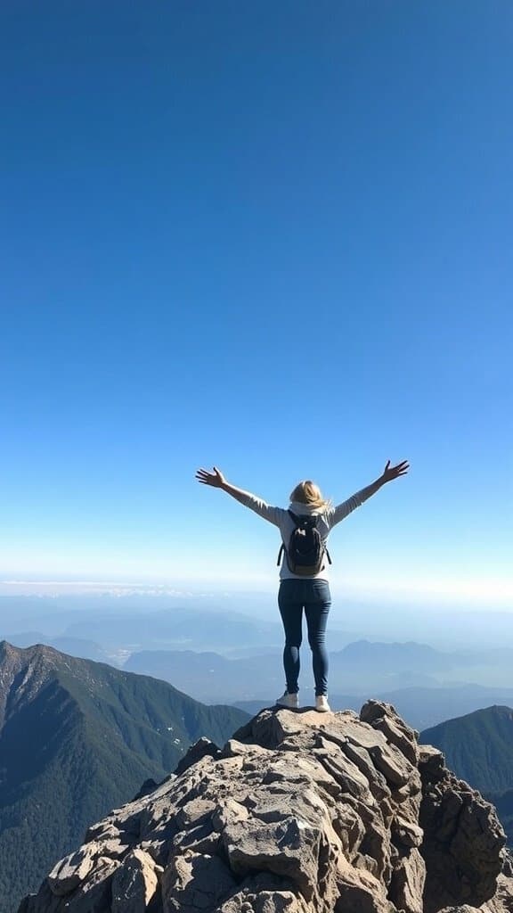 A woman standing on a mountain peak with arms outstretched, symbolizing freedom and personal growth.
